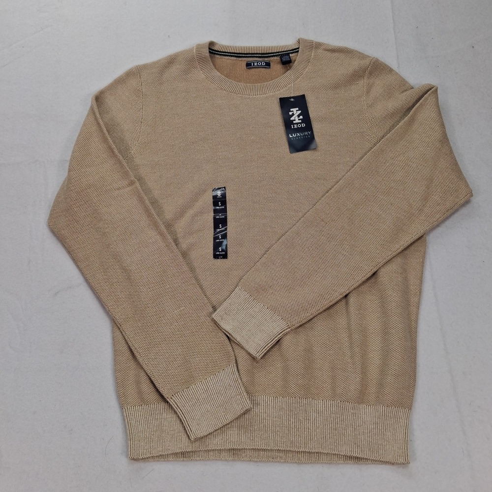 IZOD Sweater Mens S Luxury Classics Tan Crew Neck Long Sleeve NEW